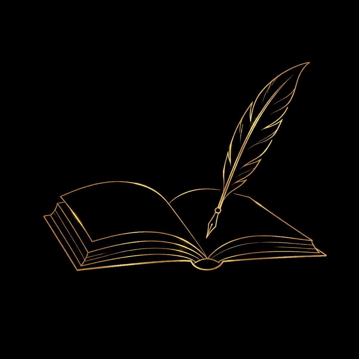 Gold line illustration of an open book with a quill pen